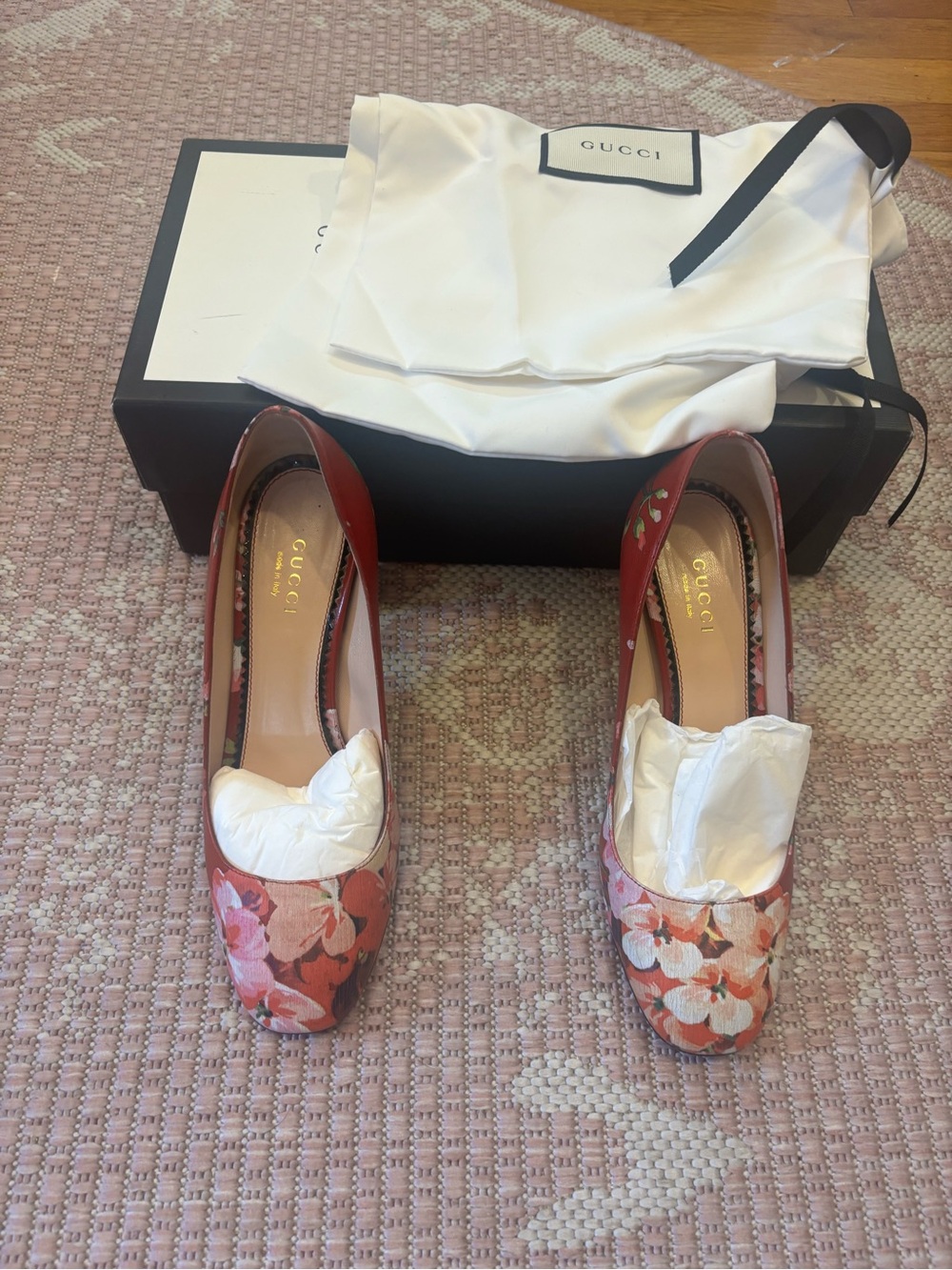 Gucci Red Floral Block Heel Pumps
